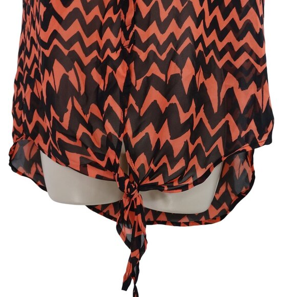 Wishful Park Sleeveless Chevron Sheer Tie Front Button up Top Women Size L Black - Picture 3 of 10